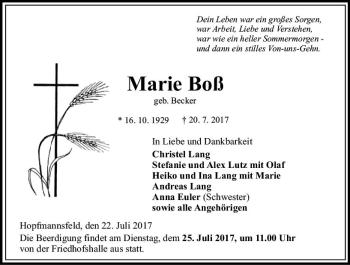 Traueranzeige von Marie Boß von VRM Trauer