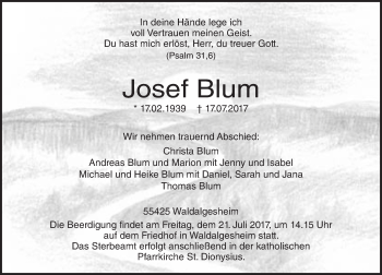 Traueranzeige von Josef Blum von Trauerportal Rhein Main Presse