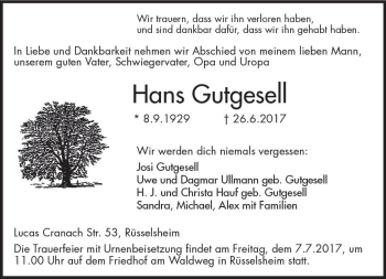 Traueranzeige von Hans Gutgesell von Trauerportal Rhein Main Presse