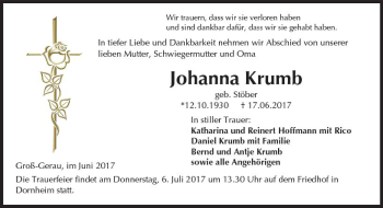Traueranzeige von Johanna Krumb von Trauerportal Echo Online