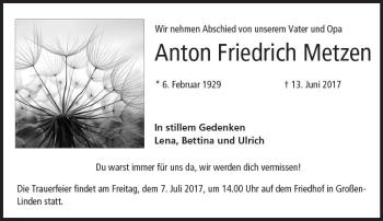 Traueranzeige von Anton Friedrich Metzen von  Gießener Anzeiger