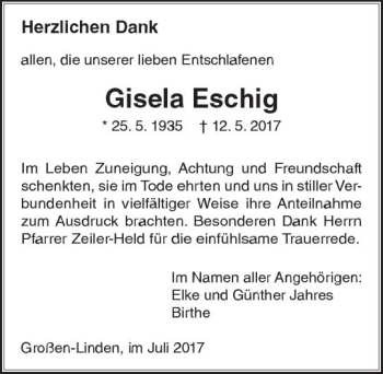 Traueranzeige von Gisela Eschig von  Gießener Anzeiger