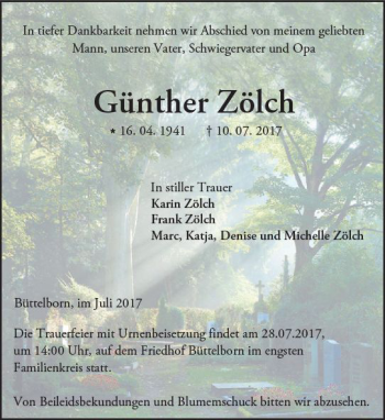 Traueranzeige von Günther Zölch von Trauerportal Echo Online