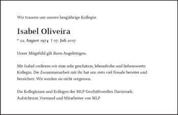 Traueranzeige von Isabel Oliveira von Trauerportal Rhein Main Presse