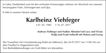 Traueranzeige von Karlheinz Viehfeger von Trauerportal Echo Online
