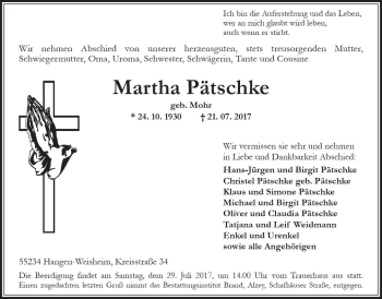 Traueranzeige von Martha Pätschke von Trauerportal Rhein Main Presse