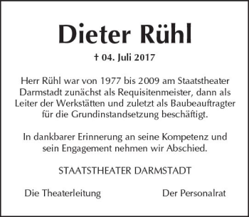 Traueranzeige von Dieter Rühl von Trauerportal Echo Online