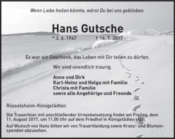 Traueranzeige von Hans Gutsche von Trauerportal Rhein Main Presse