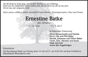 Traueranzeige von Ernestine Batke von Trauerportal Rhein Main Presse