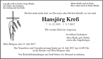 Traueranzeige von Hansjörg Kreß von  Gießener Anzeiger
