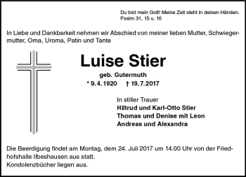 Traueranzeige von Luise Stier von VRM Trauer