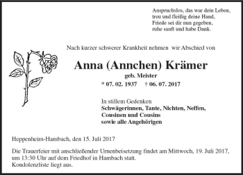 Traueranzeige von Anna Krämer von Trauerportal Echo Online