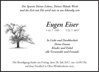 Traueranzeige von Eugen Eiser von  Kreisanzeiger