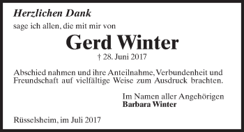 Traueranzeige von Gerd Winter von Trauerportal Rhein Main Presse