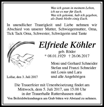 Traueranzeige von Elfriede Köhler von  Gießener Anzeiger