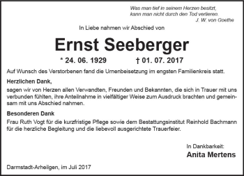 Traueranzeige von Ernst Seeberger von Trauerportal Echo Online