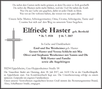 Traueranzeige von Elfriede Haster von Trauerportal Rhein Main Presse