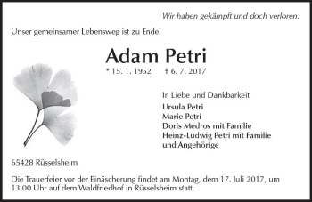 Traueranzeige von Adam Petri von Trauerportal Rhein Main Presse