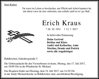 Traueranzeige von Erich Kraus von VRM Trauer