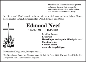 Traueranzeige von Edmund Neef von Trauerportal Rhein Main Presse
