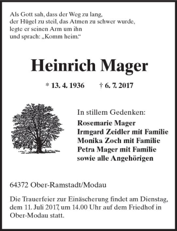 Traueranzeige von Heinrich Mager von Trauerportal Echo Online