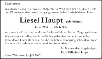 Traueranzeige von Liesel Haupt von Trauerportal Rhein Main Presse