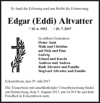 Traueranzeige von Edgar Altvatter von  Kreisanzeiger