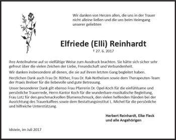 Traueranzeige von Elfriede Reinhardt von Trauerportal Rhein Main Presse