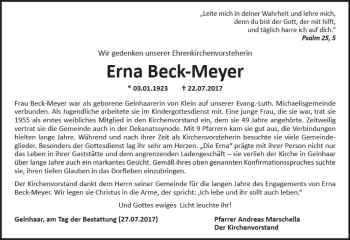 Traueranzeige von Erna Beck-Meyer von  Kreisanzeiger