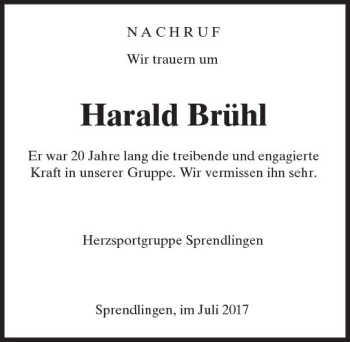 Traueranzeige von Harald Brühl von Trauerportal Rhein Main Presse