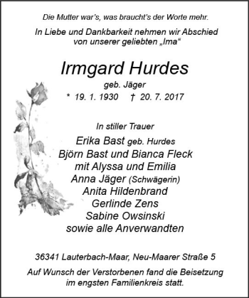Traueranzeige von Irmgard Hurdes von VRM Trauer