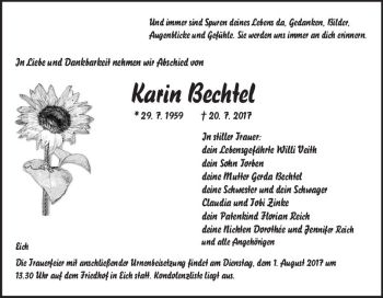 Traueranzeige von Karin Bechtel von Trauerportal Rhein Main Presse