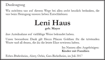 Traueranzeige von Leni Haus von Trauerportal Rhein Main Presse