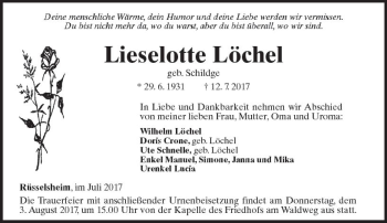 Traueranzeige von Lieselotte Löchel von Trauerportal Rhein Main Presse