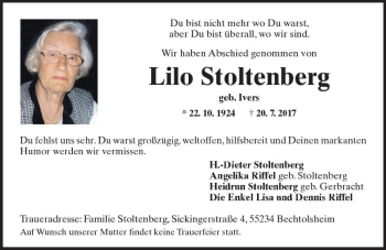 Traueranzeige von Lilo Stoltenberg von Trauerportal Rhein Main Presse