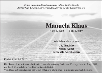 Traueranzeige von Manuela Klaus von  Kreisanzeiger
