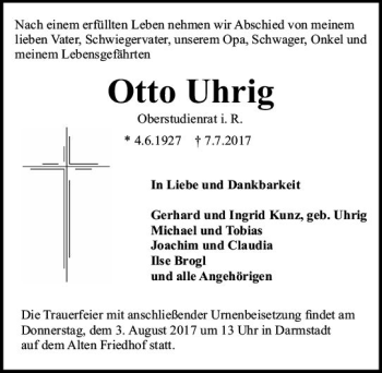 Traueranzeige von Otto Uhrig von Trauerportal Echo Online