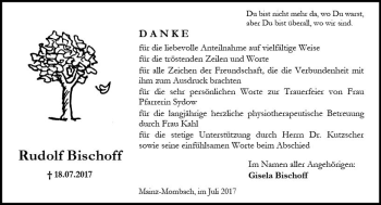 Traueranzeige von Rudolf Bischoff von Trauerportal Rhein Main Presse