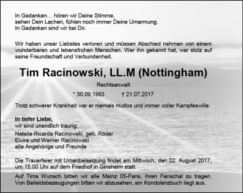 Traueranzeige von Tim Racinowski von Trauerportal Rhein Main Presse