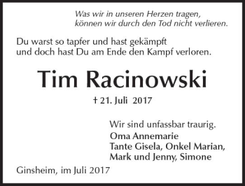Traueranzeige von Tim Racinowski von Trauerportal Rhein Main Presse