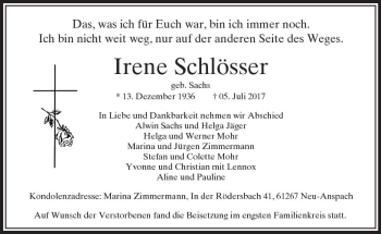 Traueranzeige von Irene Schlösser von  Usinger Anzeiger