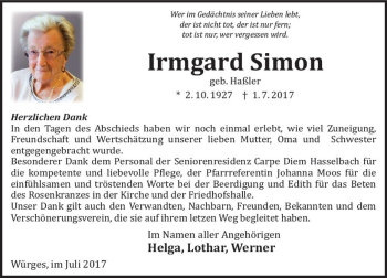 Traueranzeige von Irmgard Simon von  Camberger Anzeiger