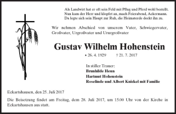 Traueranzeige von Gustav Wilhelm Hohenstein von  Kreisanzeiger
