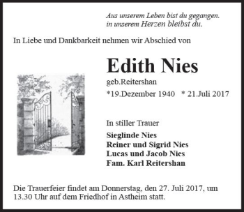 Traueranzeige von Edith Nies von Trauerportal Rhein Main Presse