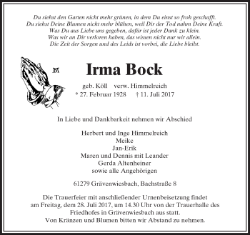 Traueranzeige von Irma Bock von  Usinger Anzeiger