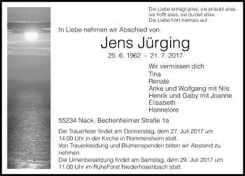Traueranzeige von Jens Jürging von Trauerportal Rhein Main Presse