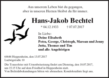 Traueranzeige von Hans-Jakob Bechtel von Trauerportal Echo Online