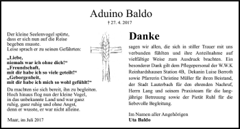 Traueranzeige von Aduino Baldo von VRM Trauer