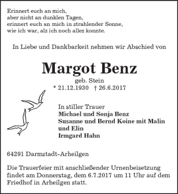 Traueranzeige von Margot Benz von Trauerportal Echo Online