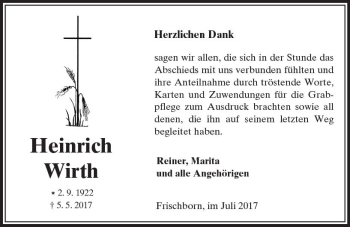 Traueranzeige von Heinrich Wirth von VRM Trauer